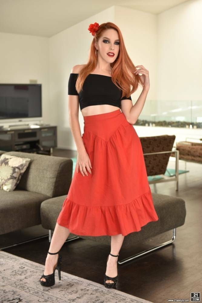 Redhead model Amarna Miller hikes her red skirt to slip out of black panties - #2