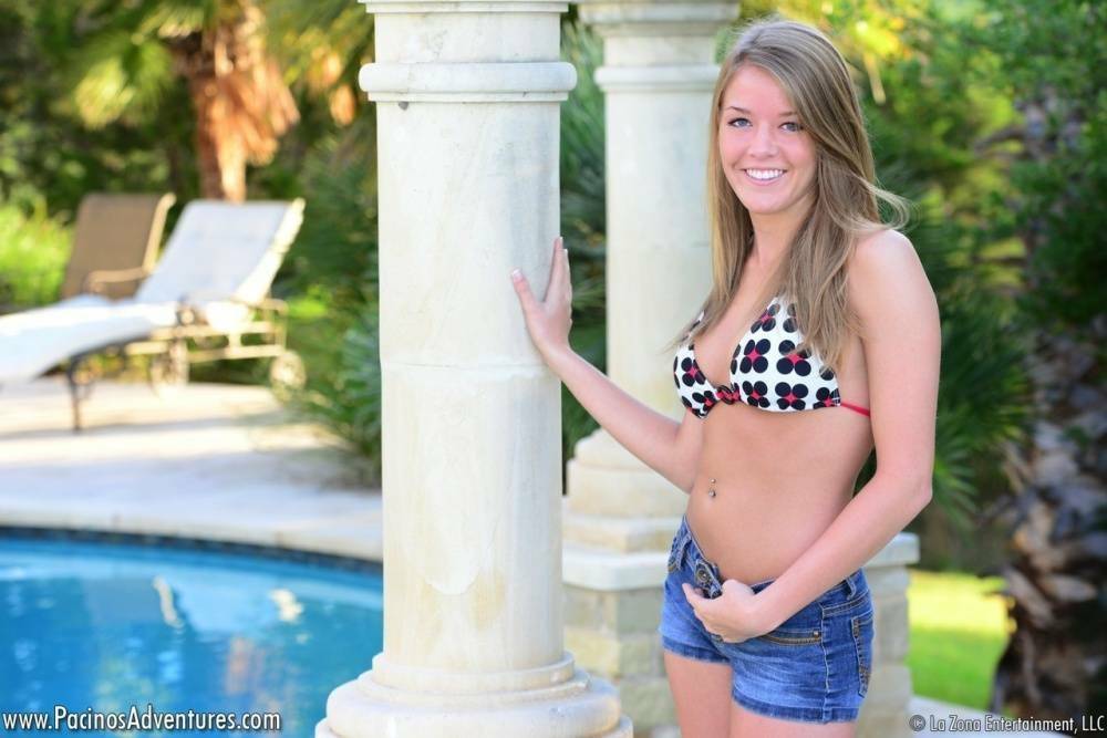Cute teen Sophia Wood drops her shorts by the pool to toy with a vibrator - #7