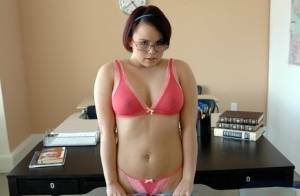 Enchanting coed in glasses Kaci Starr revealing puffy butt and tits on picsfans.one