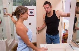 Skinny wife Presley Hart seduces her husband's friend in a bathroom on picsfans.one